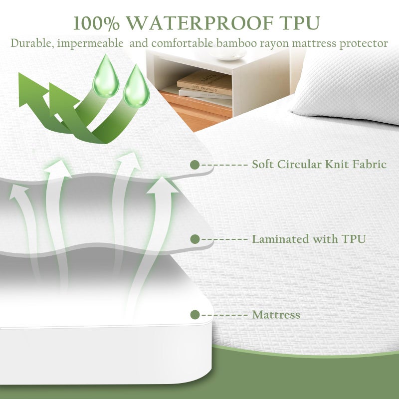 Luxe Linen 100% Waterproof Queen Mattress Protector, Breathable Bamboo Rayon Mattress Cover with 8   -21    Deep Pocket, Noiseless Cool 3D Air Mattress Cover, Hypoallergenic & Odor Resistant - Image 4